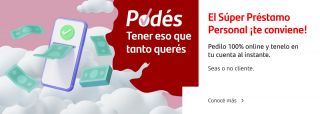 El Súper Préstamo Personal ¡te conviene! Pedilo 100% online y tenelo en tu cuenta al instante.